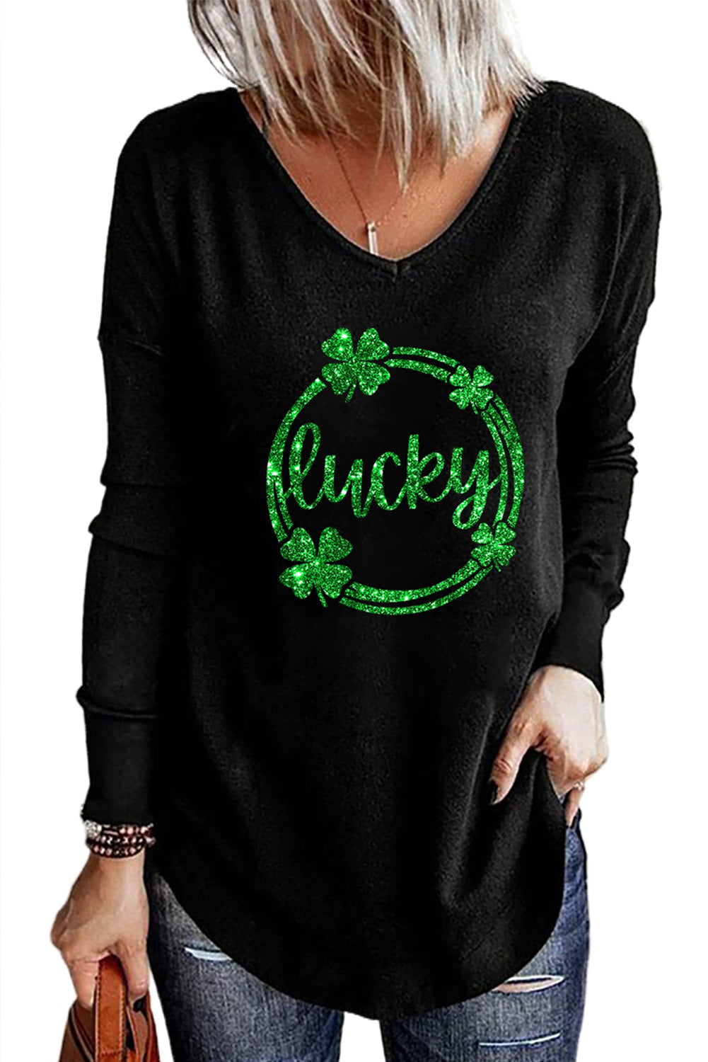Sequin Lucky Clover Print Long Sleeve Top