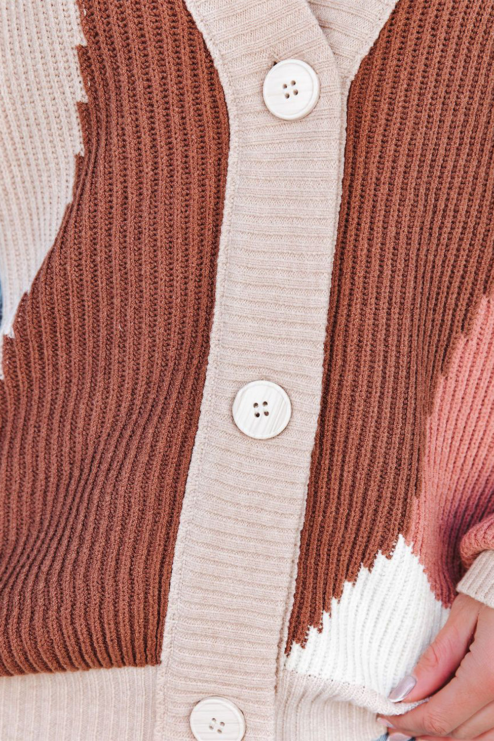 Women's Drop-Shoulder Color Block Knit Cardigan with Four Hole Buttons