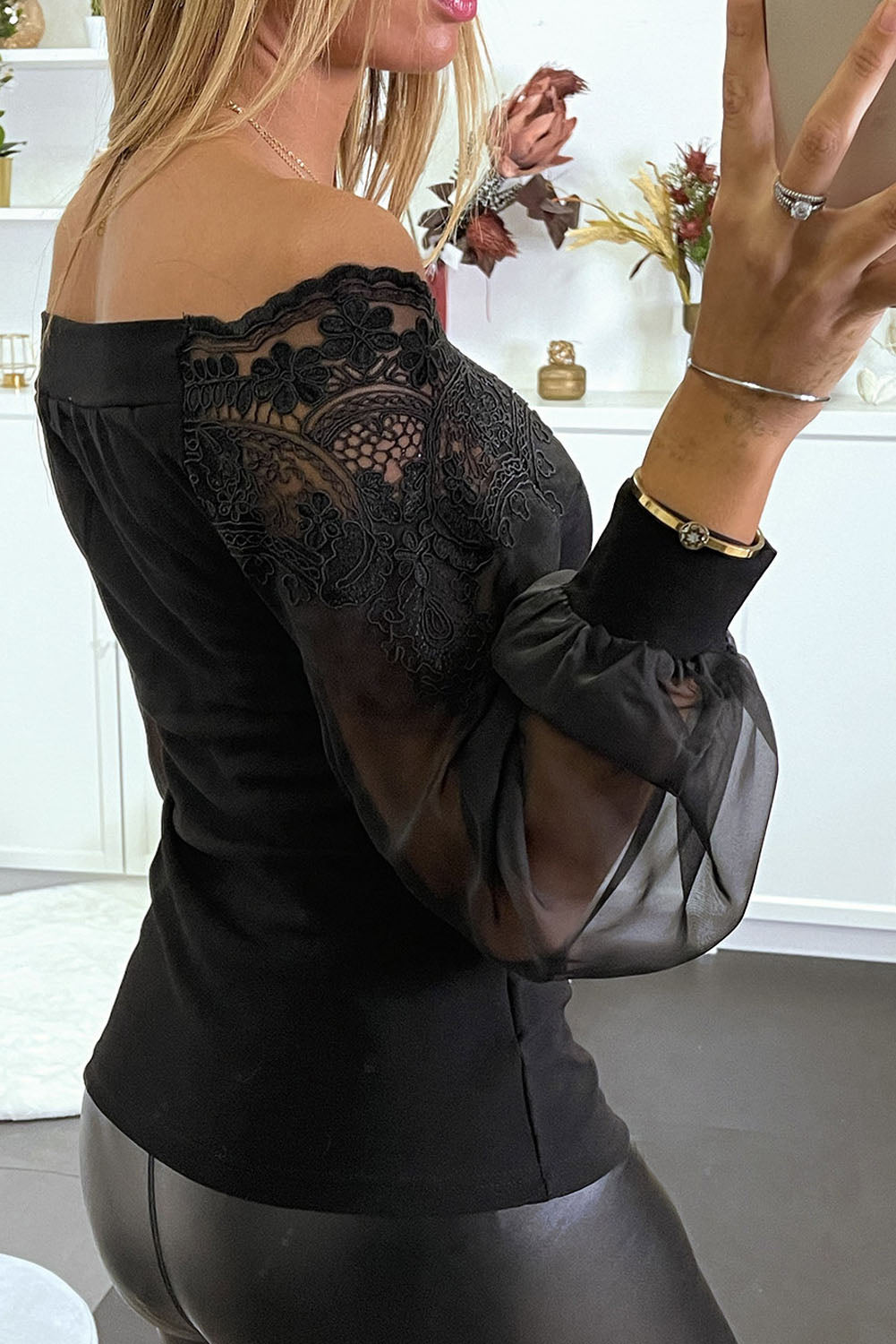 Off Shoulder Lace Detail Puff Sleeve Blouse