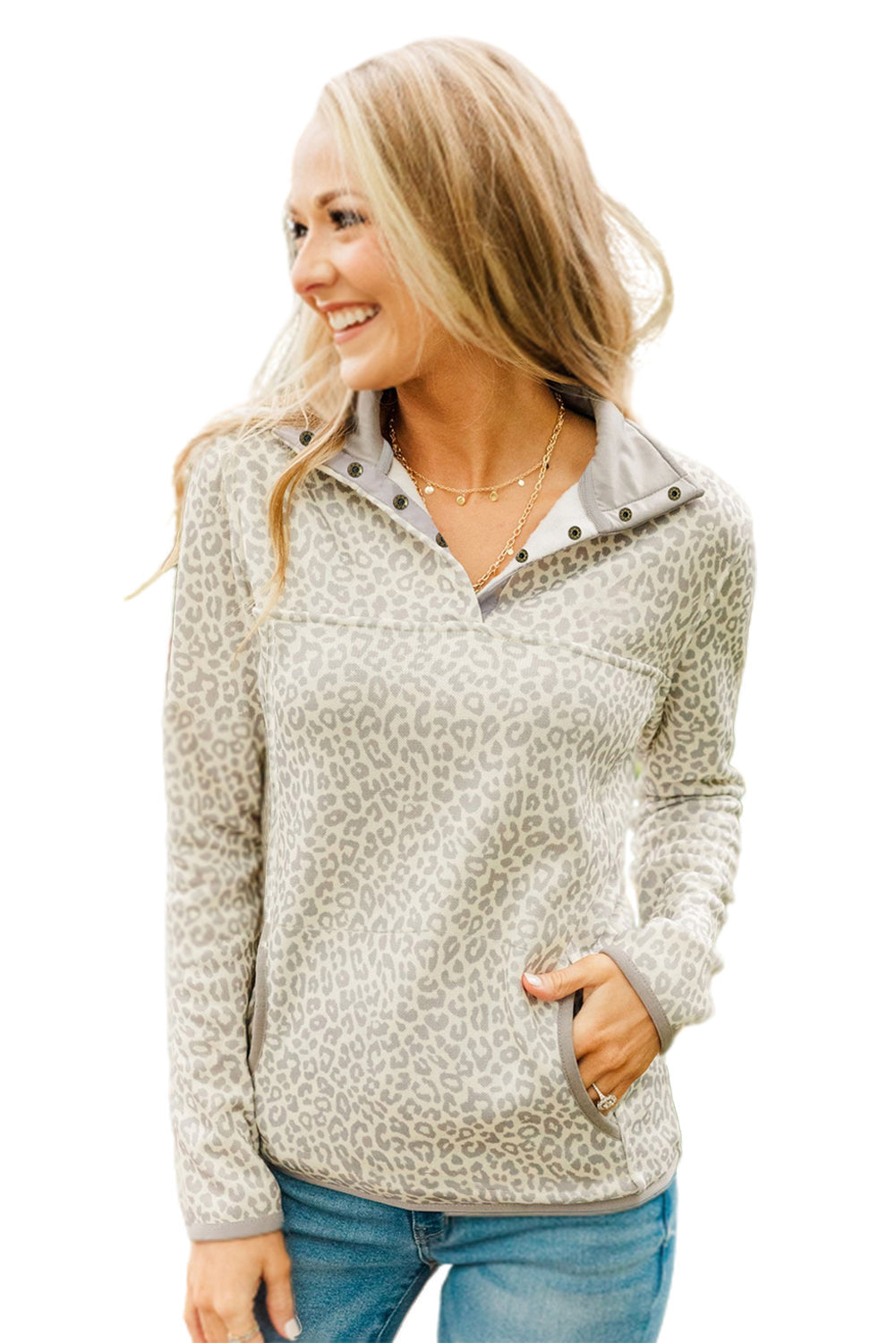 Beige Lapel Snap Leopard Pattern Sweatshirt with Side Pockets