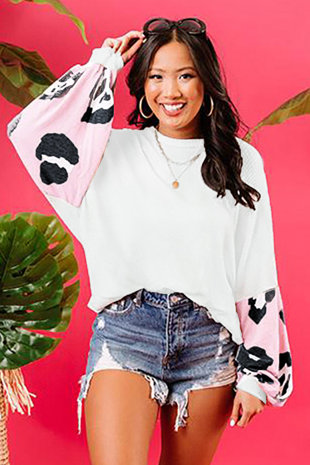 Cow Print Waffle Knit White Puff Sleeve Blouse