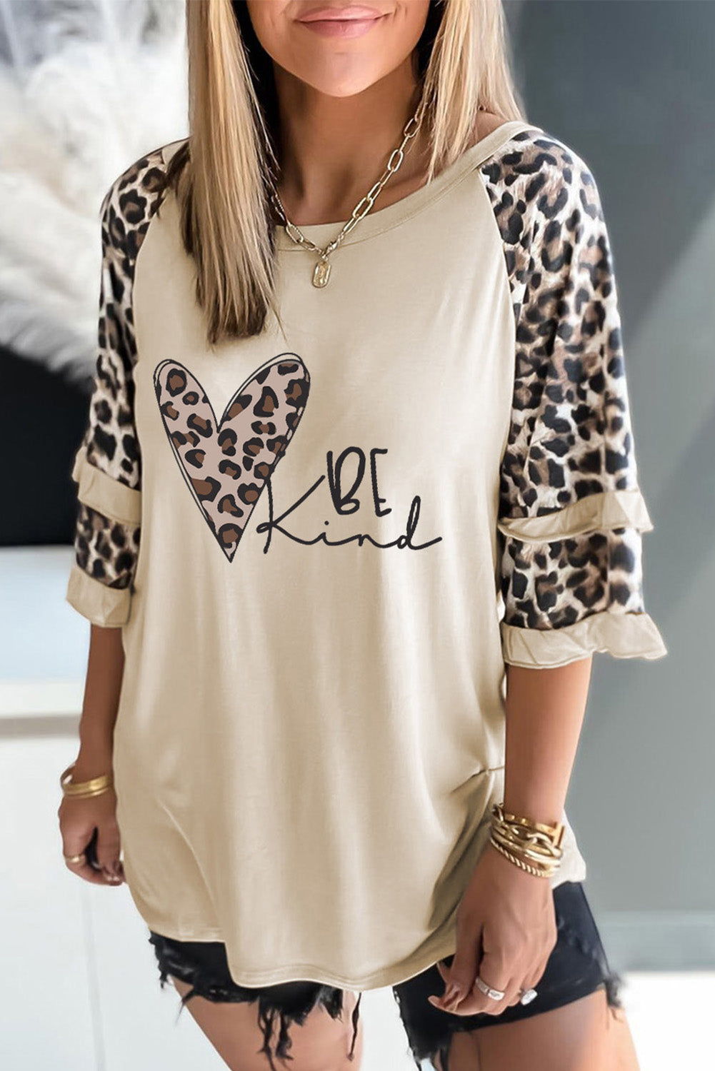 Ruffled Leopard Sleeve Patchwork Top