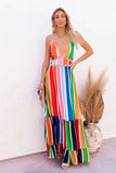 Spaghetti Straps Multicolor Stripe Tiered Maxi Dress