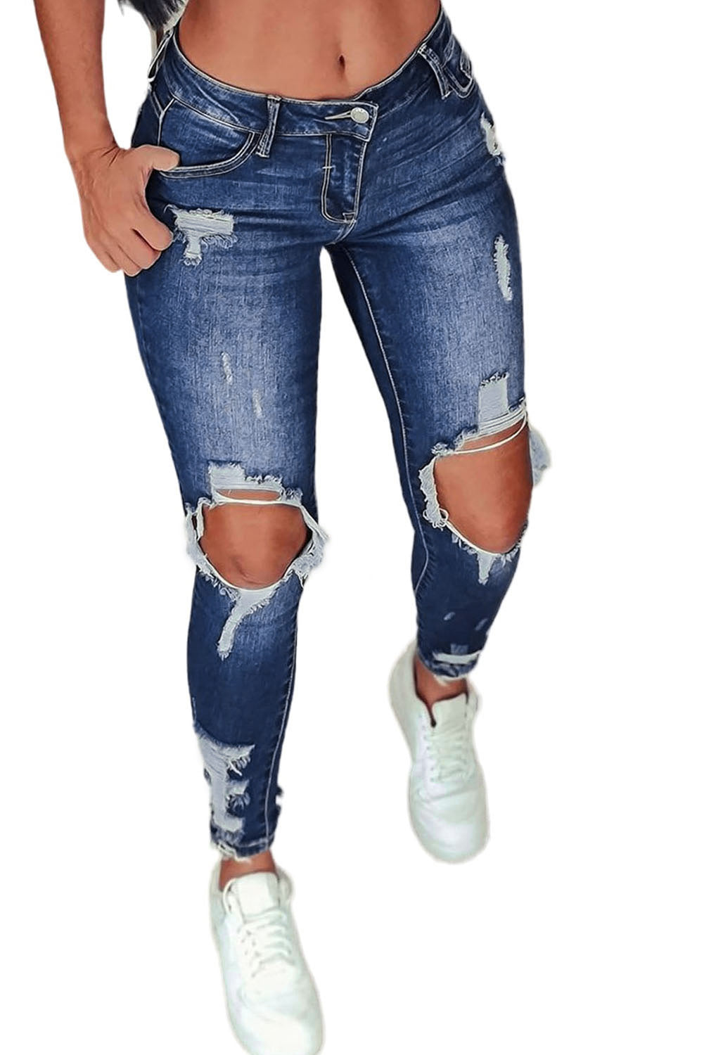 Distressed Low Rise Skinny Pants Ripped Holes Jeans Womens
