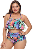 Plus Size Multicolored Strappy High Waist Swimwear