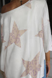 Waffle Knit Shirts Star Print Long Sleeve Top for Women