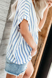 Deep V-Neck Short Sleeve Blue Stripe Womens Shirt