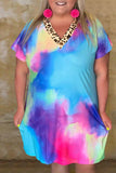 Contrast V Neck Rainbow Tie Dye Plus Size Dress