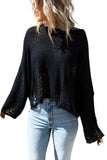 Women's Black Distressed See Through Crop Knit Sweater