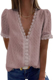 V-Neck Swiss Dot Short Sleeve Crochet Lace Blouse