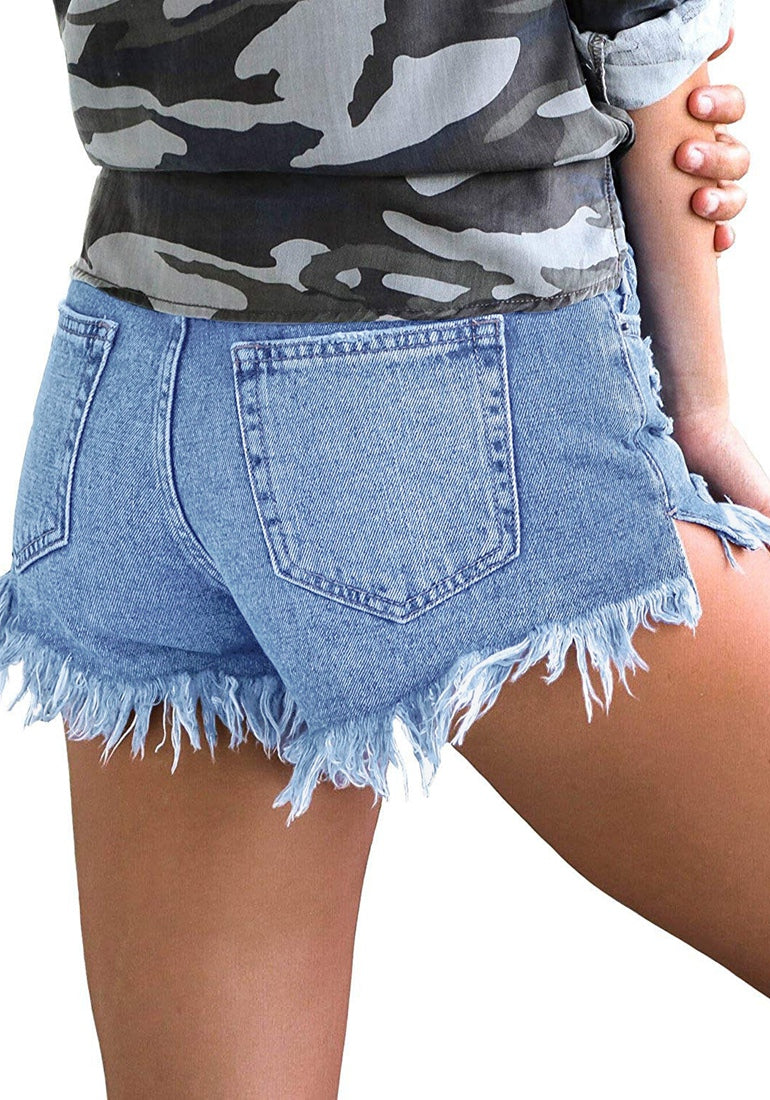 Blue Ripped Denim Shorts with Double Button Closure