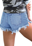 Blue Ripped Denim Shorts with Double Button Closure