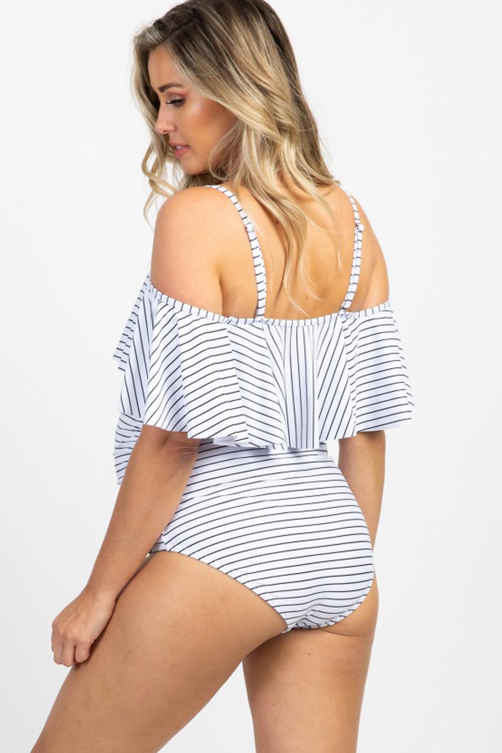 Striped Ruffle Trim Ruched One-Piece Maternity Swimsuit