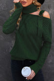 Women Solid Color Strapped Cut out Shoulder Turtleneck Sweater