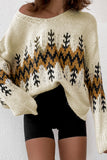 Maglione lavorato a maglia con scollo a V con stampa albero di Natale beige da donna