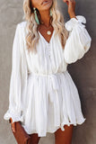 Pleated Tie Waist China Button V Neck Romper