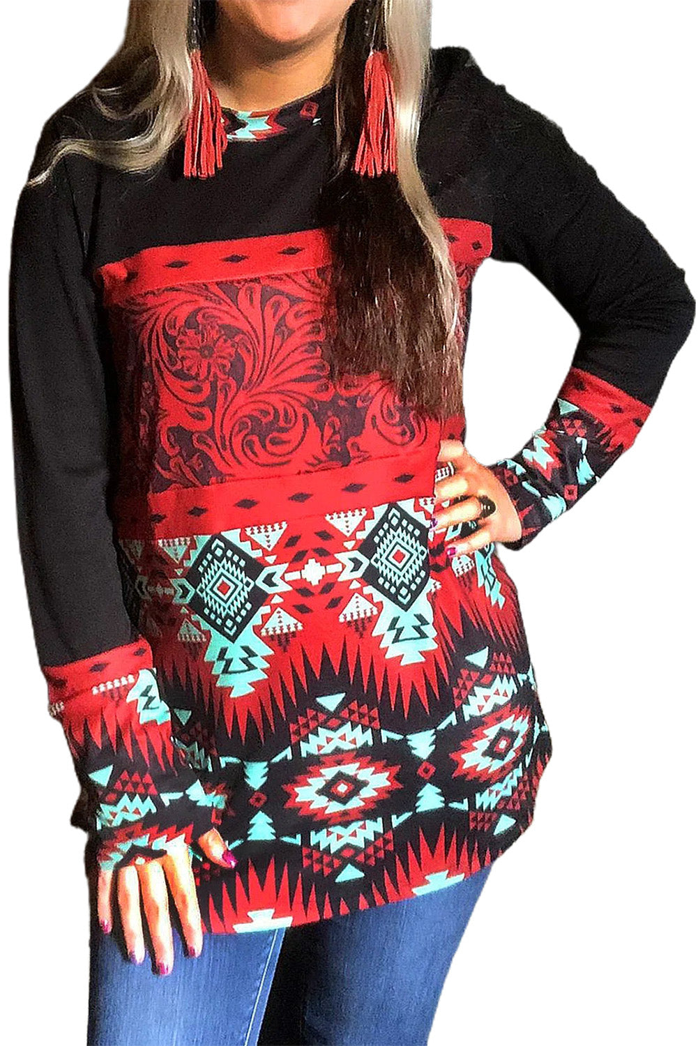 Aztec Print Crew Neck Pullover Sweatshirt