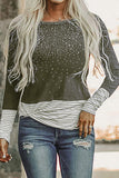 Olive Green Rhinestone Beading Striped Patchwork Long Sleeve Top