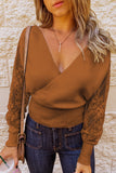 Women's Deep V Neck Hollow-out Cross Wrap Sweater With Lace Sleeves