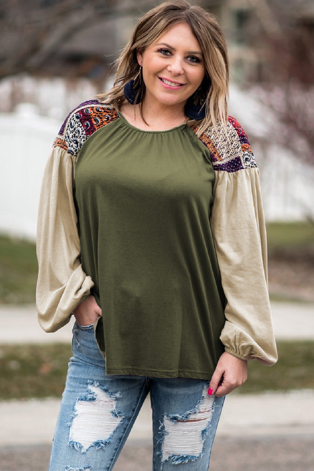 Long Puff Sleeve Patchwork Green Blouses Crew Neck Plus Size Top