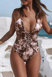 Tie Dye Lace Up Front Plunging Neck One Piece Swimsuit