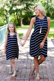 Striped Round Neck Mommy And Daughter Matching Dresses