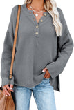 Women's Plain Buttoned Henley Sweater with Slit