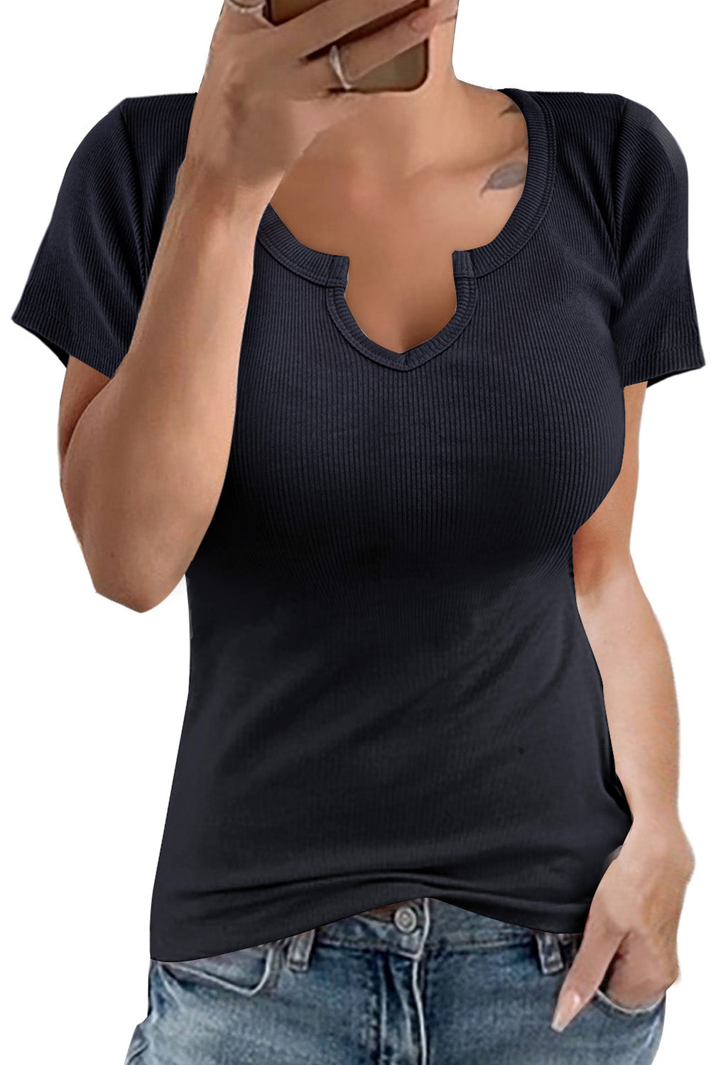 T-shirt con collo diviso a maniche corte in maglia a costine trasparente