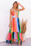 Spaghetti Straps Multicolor Stripe Tiered Maxi Dress