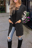 Women's Cow Print Splicing Black Open Front Cardigan with Pockets