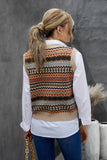 Women Geometric Print Buttoned V Neck Crop Sweater Vest