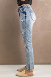 Acid Wash Distressed Holes Jeans with Slit