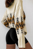 Women Beige Slouchy Fit Christmas Tree Print V Neck Knit Sweater