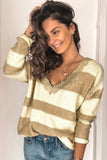 Women V Neck Lace Striped Splicing Knit Pullover Sweater