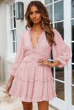 Pink puff sleeve tiered dress