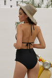 Womens Halter V Neck Pompom Hem Mesh High Waist Bikini Set