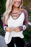 Women Plaid Criss Cross V Neck Waffle Shirt Knit Long Sleeve Top