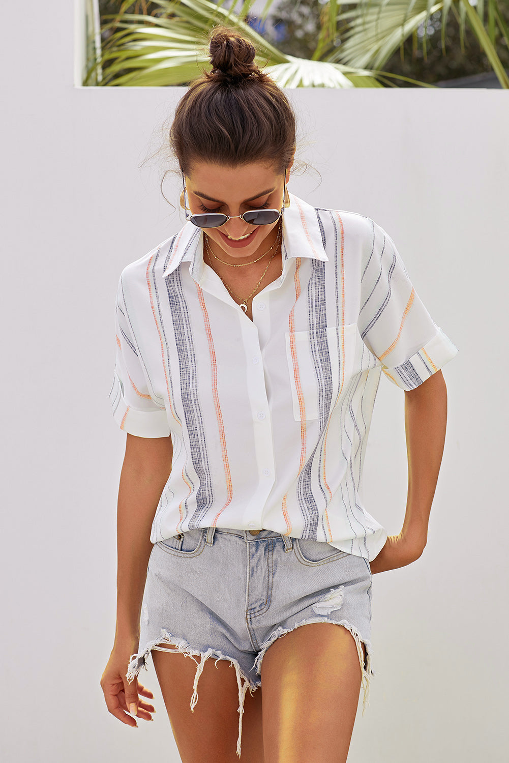 Fashionable Cotton Blend Blue And White Striped Button Up Shirt Womens