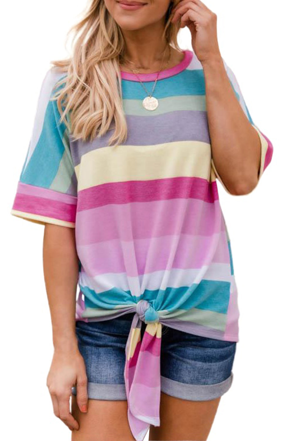 Multicolor Striped T Shirt with Bowknot