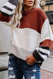 Women's Color Block Striped Puff Sleeve Sweater