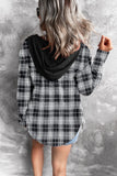 Women Cotton Pocket Drawstring Plaid Shirt Hooded Coat Without Tee