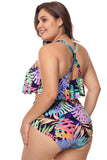 Plus Size Multicolored Strappy High Waist Swimwear