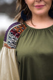 Long Puff Sleeve Patchwork Green Blouses Crew Neck Plus Size Top