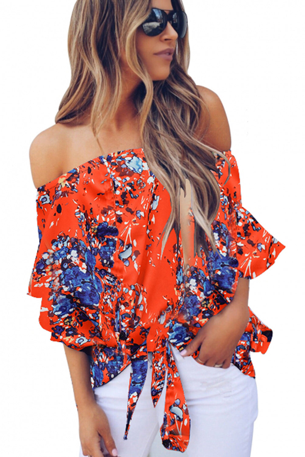 Floral Off The Shoulder Bowknot Front Low High Blouse