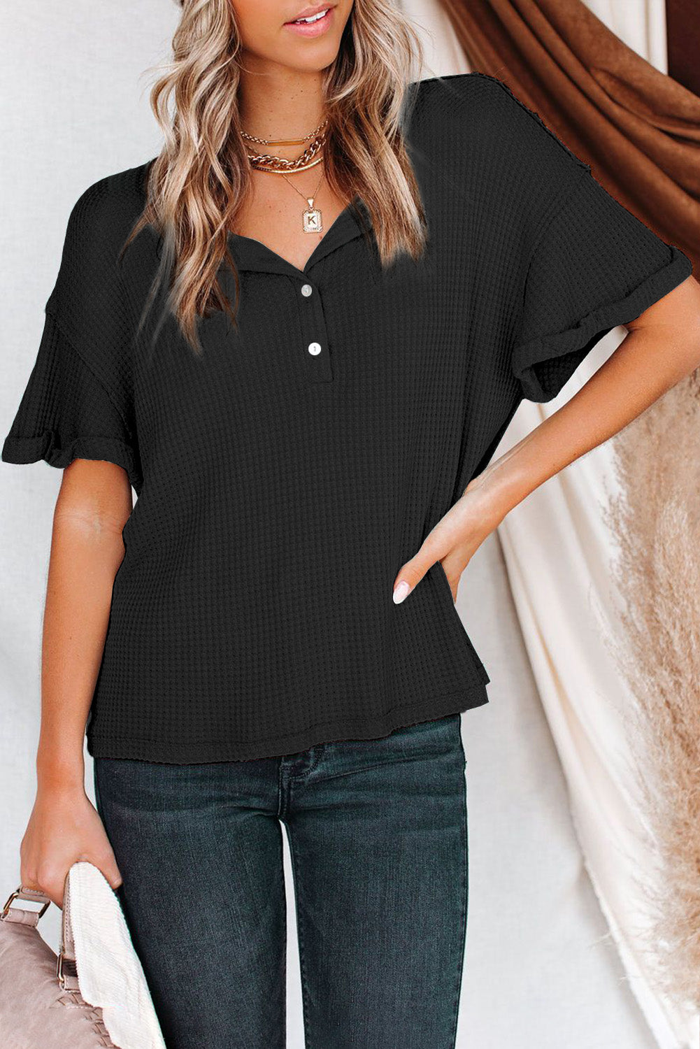 Women's Short Sleeve Button Up Waffle Knit Top