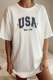 T-shirt USA bianca da bambina con collo a costine oversize