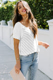 V Neck Eyelet Knitted Top with Scalloped Trims
