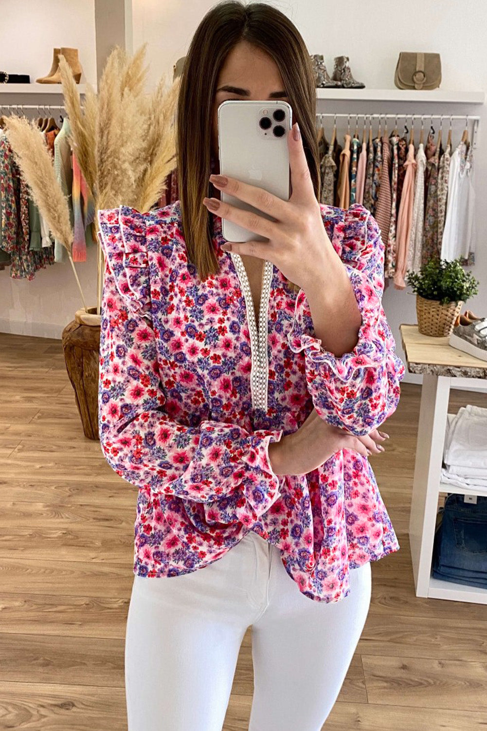 Floral Pattern Peplum Blouse with Ruffles