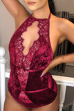 Fuchsia Halter Neck Hollow-out Lace Velvet Backless Bodysuit