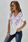 Women's V Neck White Shirt With Embroidered Flowers